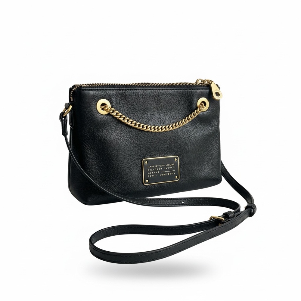 Marc Jacobs Black Leather Crossbody with Gold Chain Accent